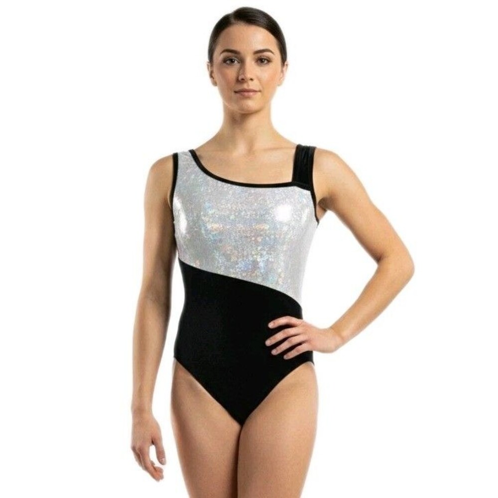Satara VTG Asymmetric Holographic Reflective Tank Leotard Velvet Size AL Black